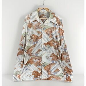 Vtg 70s McGregor Scenic Novelty Print Disco Shirt Dagger Collar Landscape XL 17